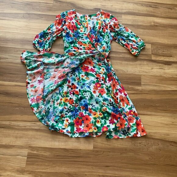 Calvin Klein 3/4 Sleeve V-Neck Colorful Floral Faux Wrap Dress Size 4 - Picture 14 of 16